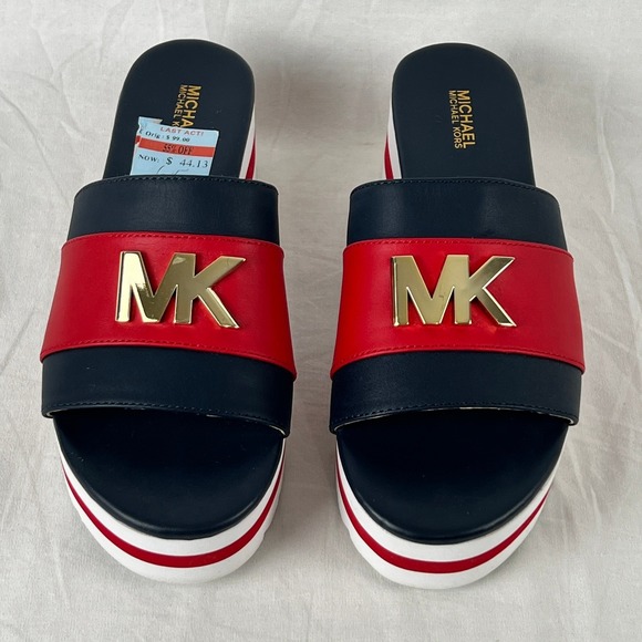 Michael Kors Logo Platform Wedge Slides Sandals Red Navy White Women 6.5 Leather - Picture 2 of 9